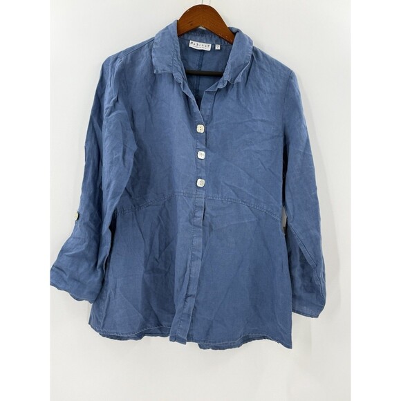 Habitat 100% Linen Blue Women's Top Mother of Pearl Buttons Swing Bottom SMALL - Picture 7 of 16